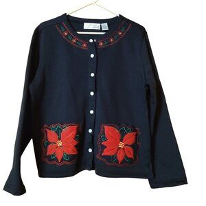 Colleen's Collectables Women's Medium Christmas Sweater Poinsettia Snap Up